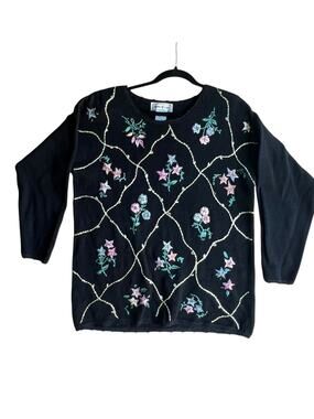 Spice of Life Vintage Women's Sweater Floral Embroidered Knit Black Size Small